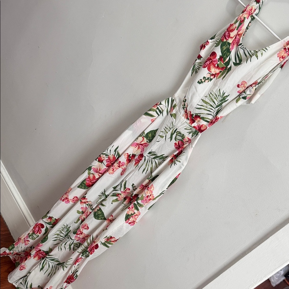White Floral Maxi Dress with Pink & Green Tropicals
